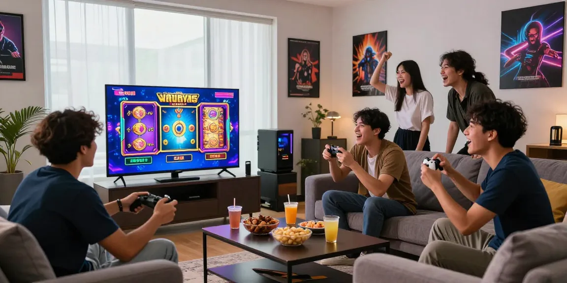 Group of friends enjoying situs slot deposit 10 ribu games in a lively living room, showcasing excitement and interaction.