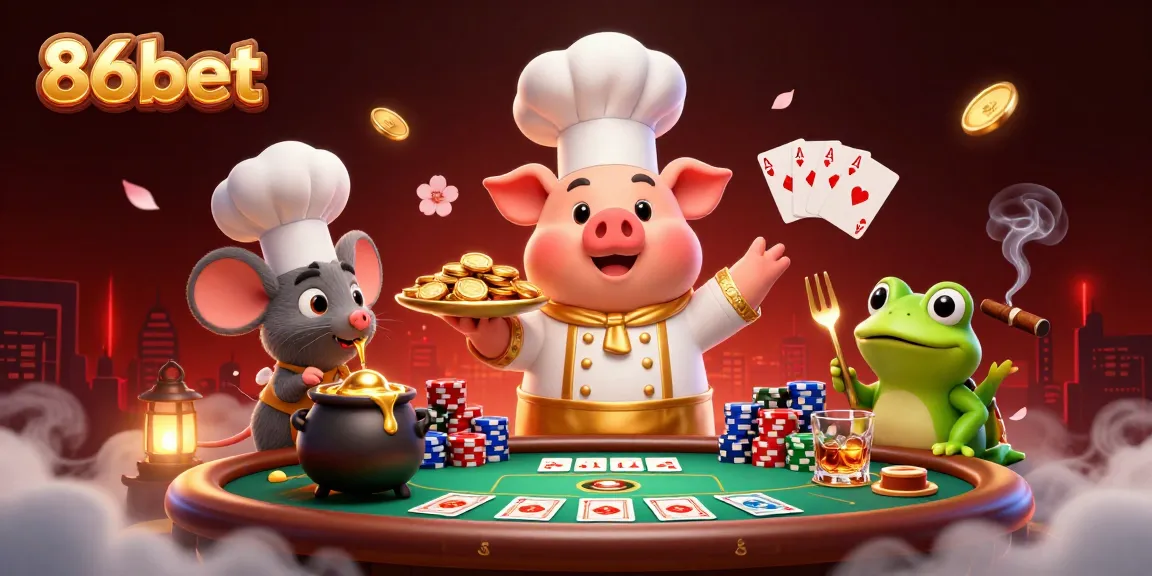 86bet showcases a vibrant 3D illustration of a chef pig, mouse, and frog in a casino setting.