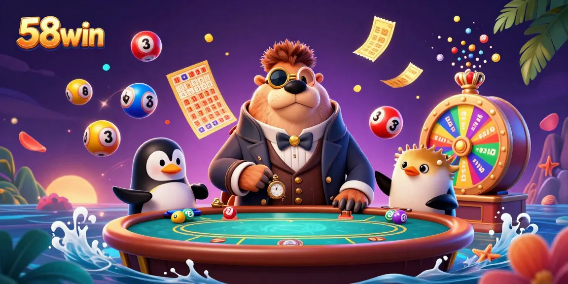 Experience exciting gameplay at 58win with colorful lottery balls dynamically bouncing in an engaging casino scene.