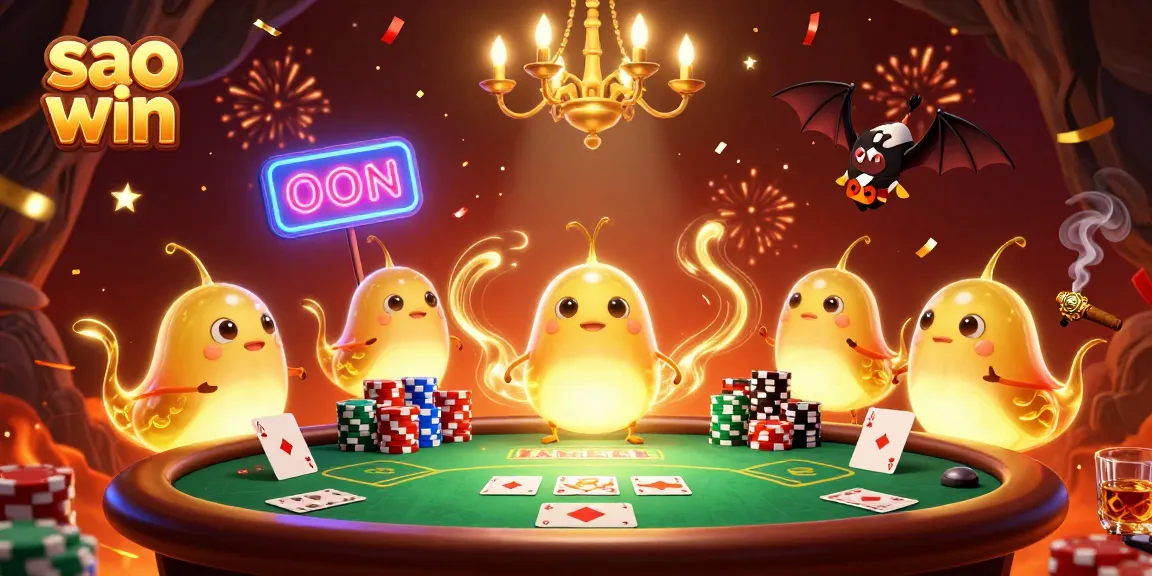 Sao win lights up with vibrant glowworms in a colorful casino scene, showcasing thrilling poker action.