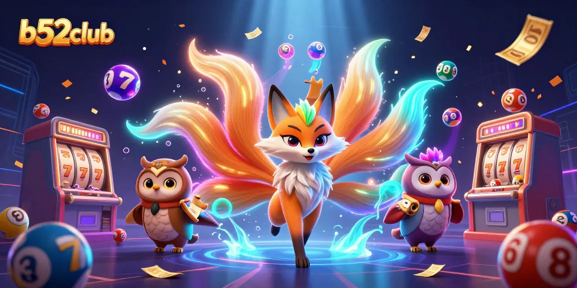 Engage with b52club's vibrant casino world, featuring a glowing fox spirit and captivating game elements.