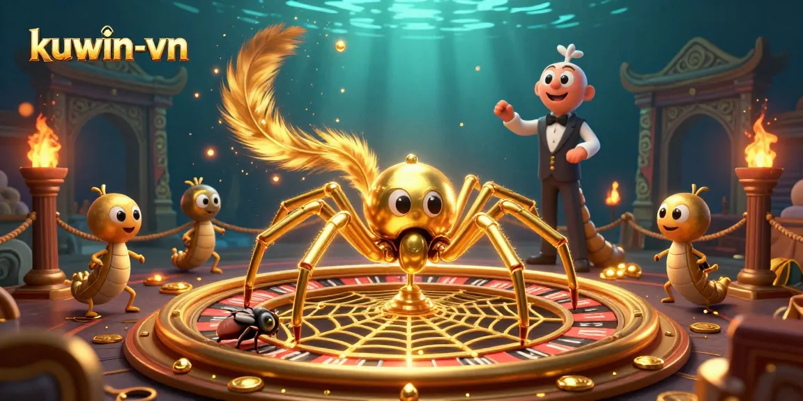 Engage with kuwin-vn's vibrant online casino experience featuring a unique roulette-themed spider web.