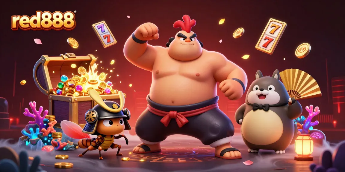 Experience thrilling gameplay with red888 in this vibrant 3D casino action scene showcasing sumo wrestling elements.