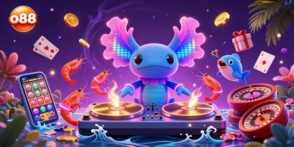 Engage with vibrant online gambling at o88: a colorful axolotl DJ spins tunes as shrimp dancers surround dynamic slot games.