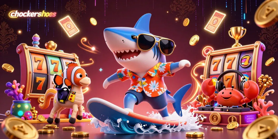 Experience fun with chockersshoes as a shark and friends surf through gold coins in this dynamic casino scene.