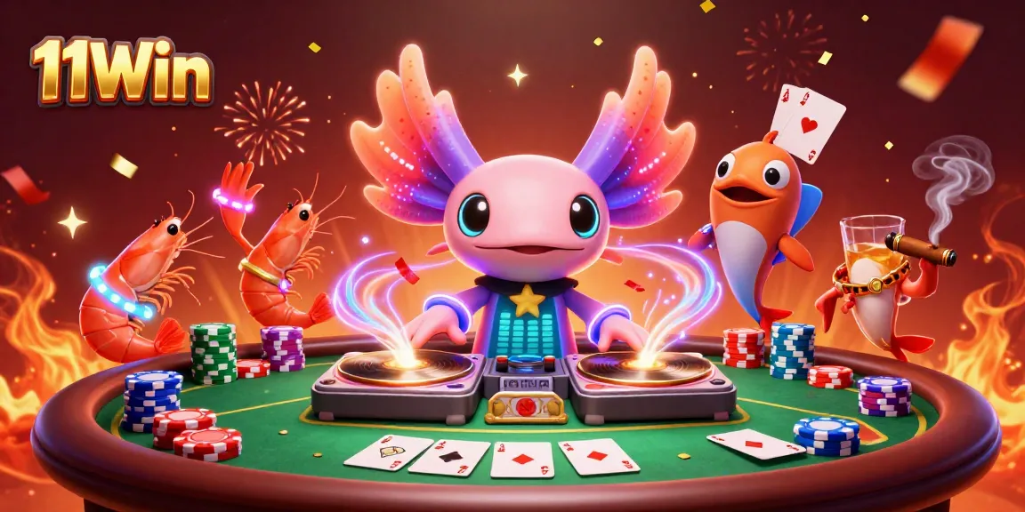 Join the action at 11Win with a vibrant 3D casino illustration showcasing animated characters and gaming excitement.