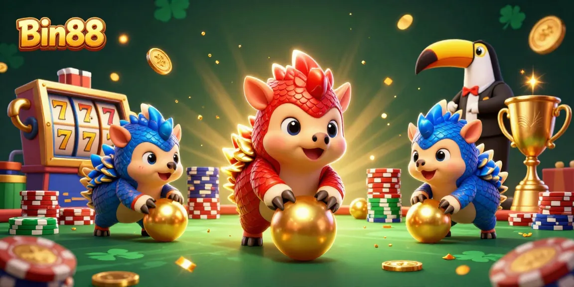 Engaging illustration of Bin88 featuring rival pangolins bowling through poker chips with a toucan referee.
