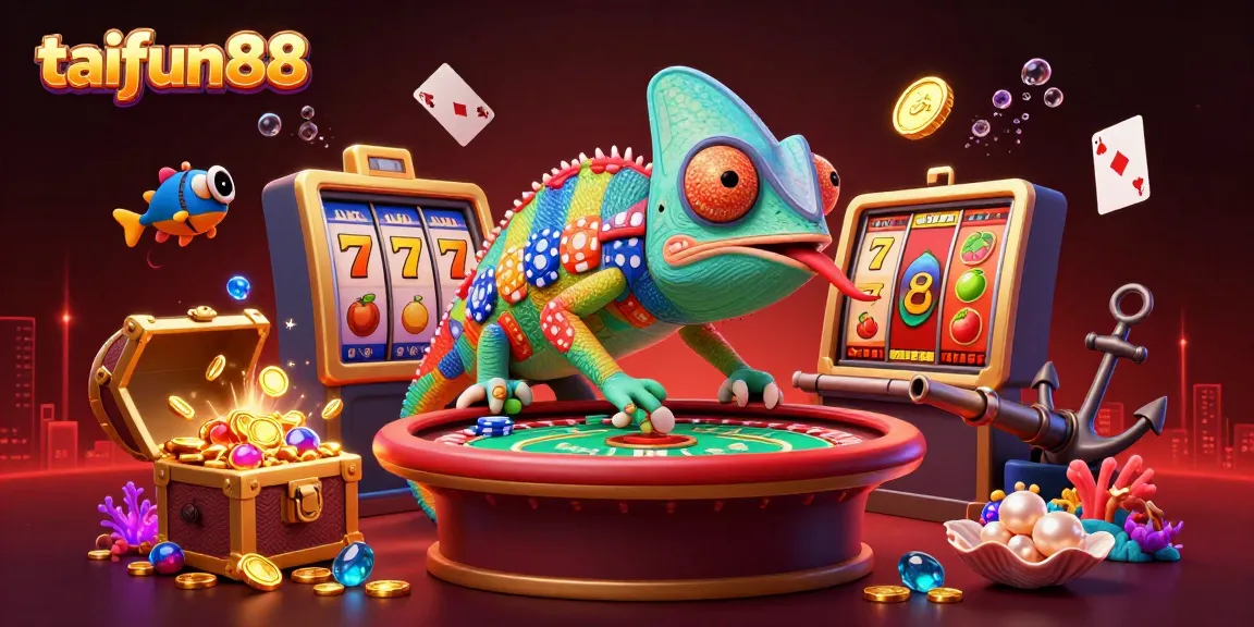 Experience taifun88's vibrant gaming world with a colorful illustration of a unique chameleon casino owner.