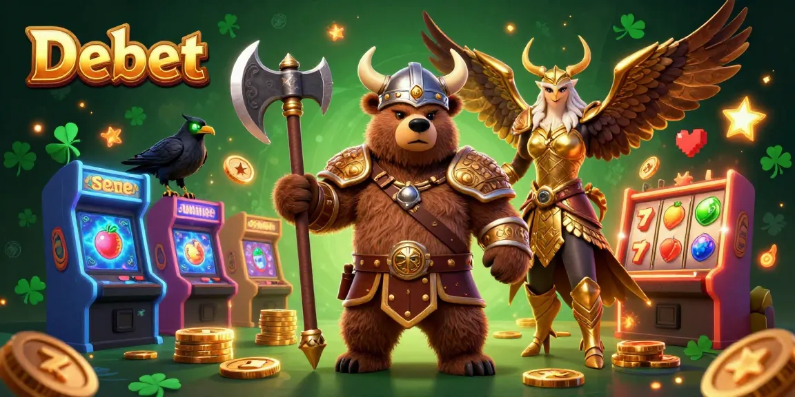 Engage with Debet's exciting slots scene featuring a Viking bear, Valkyrie eagle, and dynamic casino elements.
