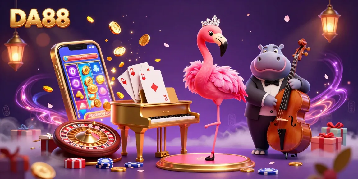 DA88 casino lounge scene with a flamingo singer and hippo bassist amidst dynamic gaming elements.