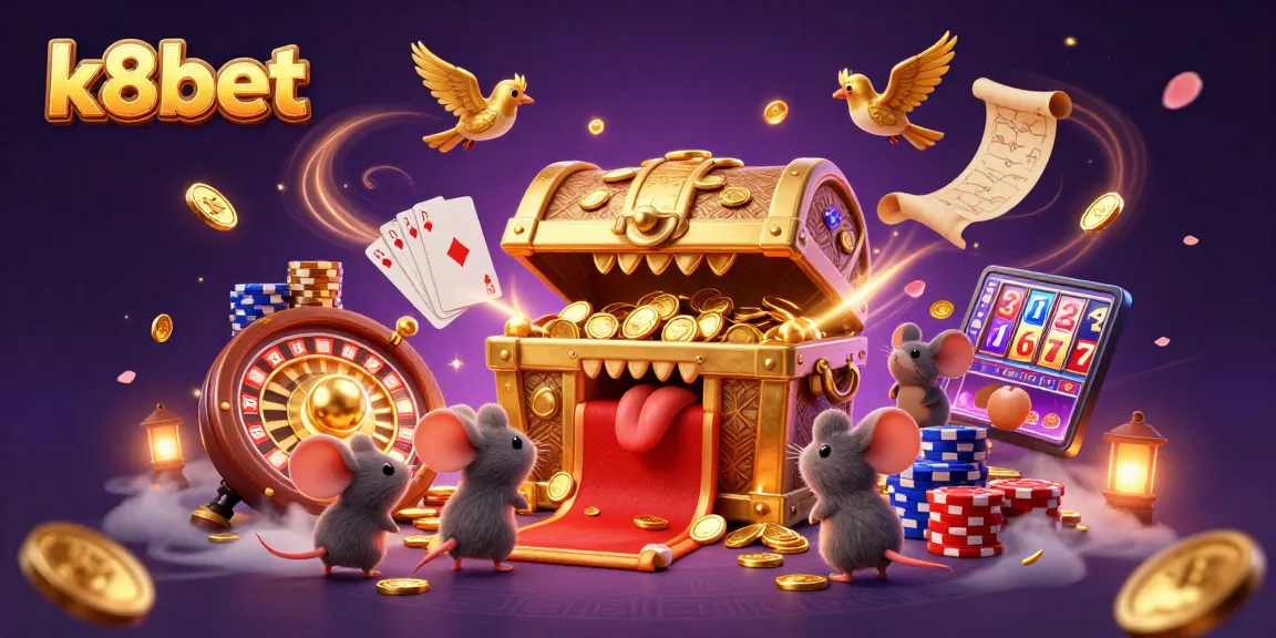 Experience the thrill of gaming with k8bet's vibrant 3D casino illustration featuring dynamic characters and captivating elements.