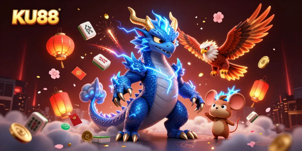 Engage with the vibrant KU88 casino scene showcasing a thunder dragon and glowing winds for exciting play.