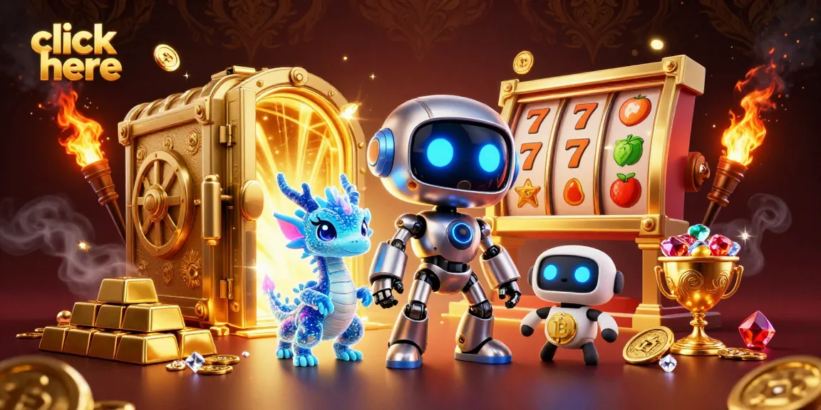 Engage with the vibrant casino scene, where a cyberpunk robot and companions reveal golden treasures, click here for big wins!