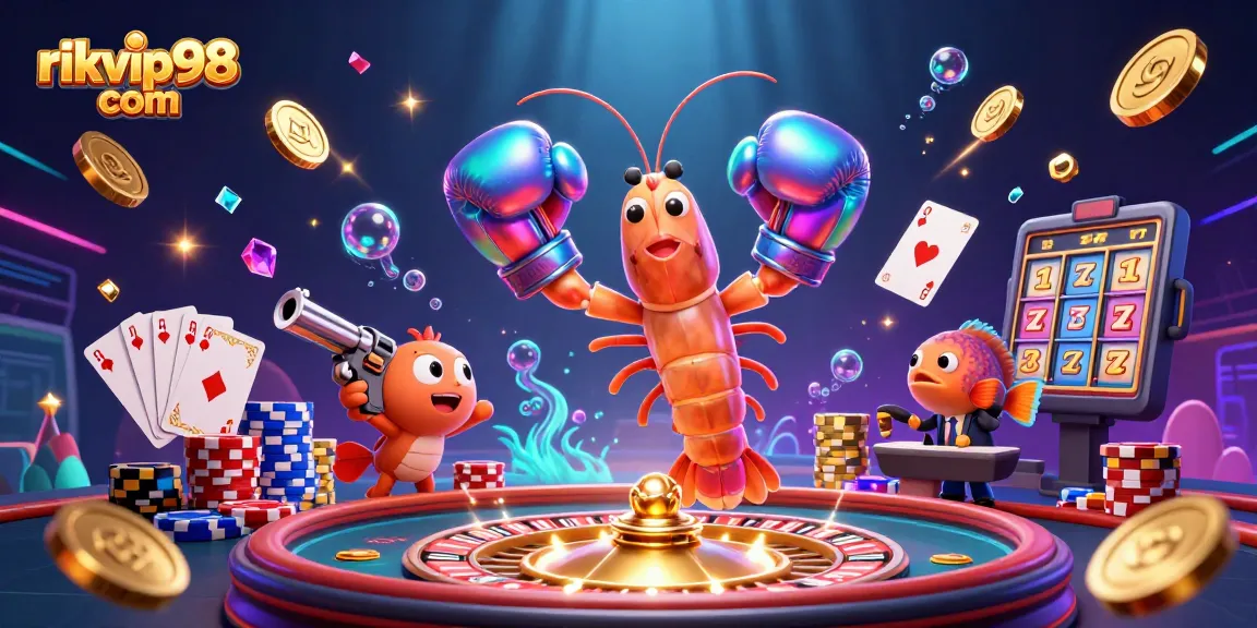 Win big at rikvip98 com with an exciting 3D casino scene featuring vibrant characters and dynamic game elements.