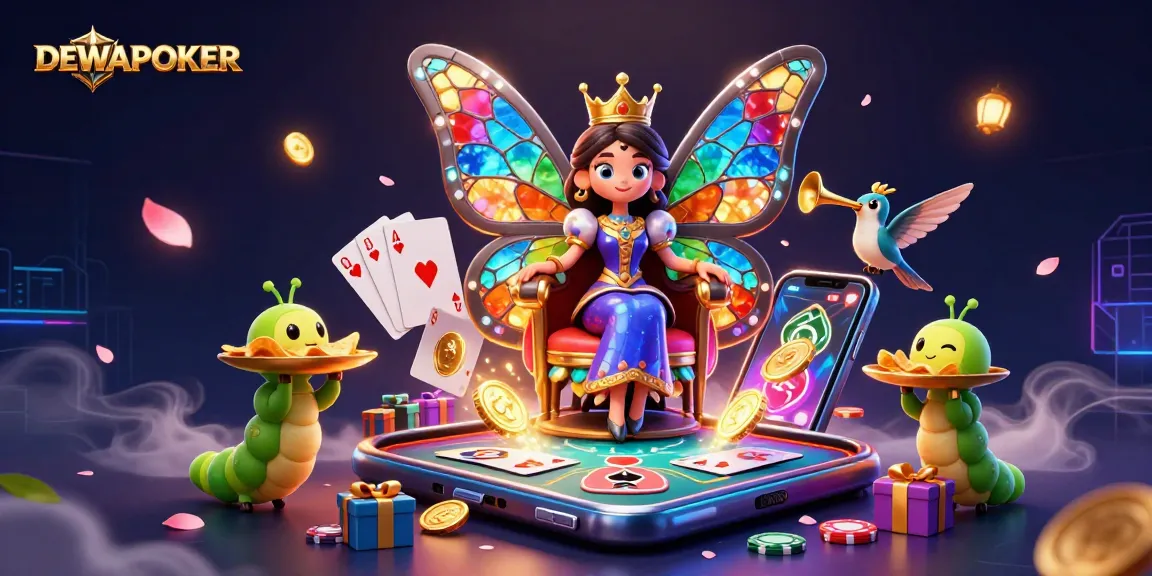 Experience exciting poker action with DEWAPOKER as vibrant characters and casino elements fill the scene.