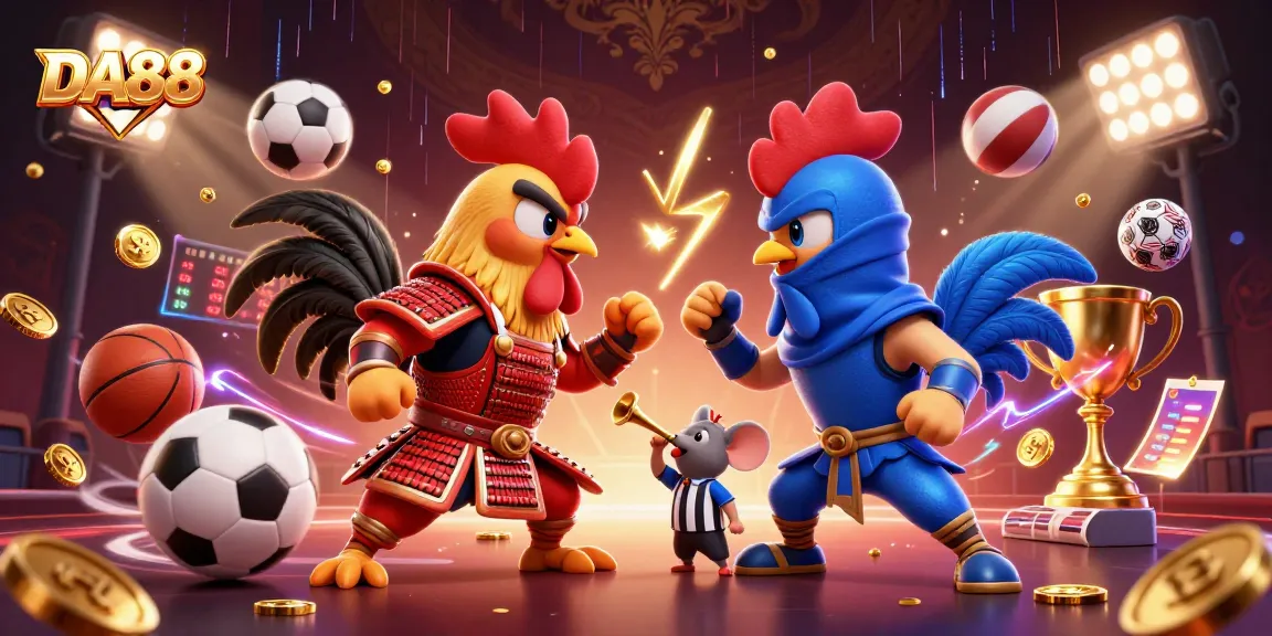 DA88 ignites excitement with dynamic fighting roosters in a vibrant gaming scene filled with energy.