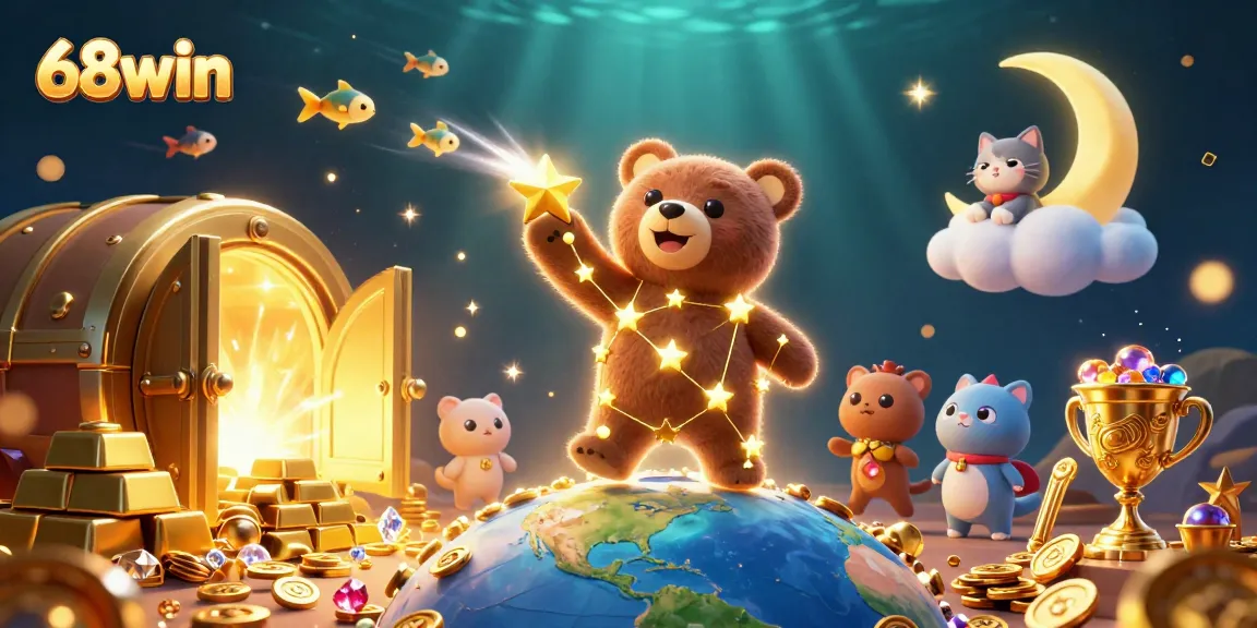 Engage with thrilling 68win gaming experience as a constellation bear scoops coins in this vibrant casino world.