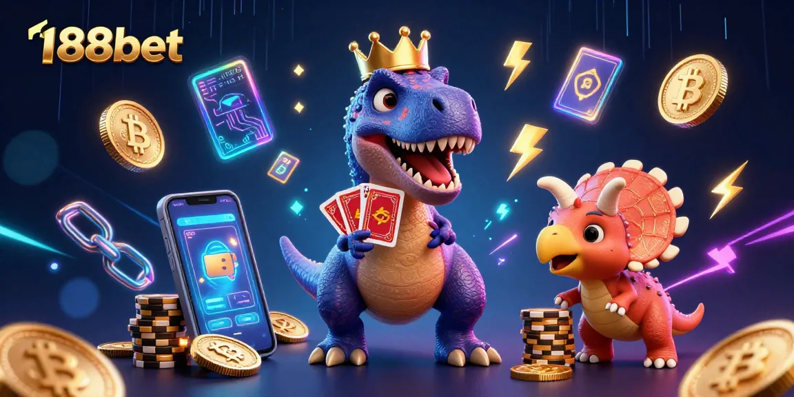 188bet T-Rex shuffling cards while stacking chips in a vibrant casino scene with cryptocurrencies