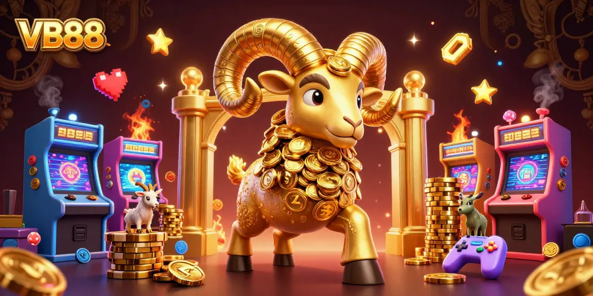 Engage with VB88 in a vibrant 3D casino scene featuring cartoon ram and gaming elements.