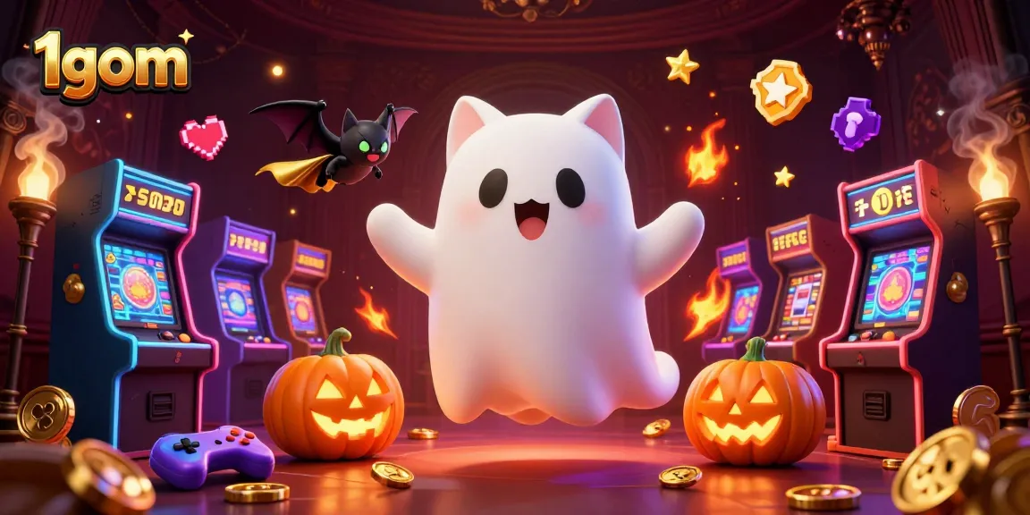 Engage with the magical world of 1gom as playful ghost cats navigate a haunted casino filled with glowing jack-o-lanterns.