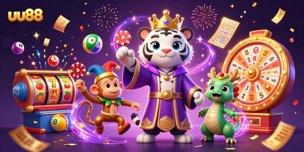 Play and win with uu88 in an exciting casino-themed illustration featuring vibrant characters.