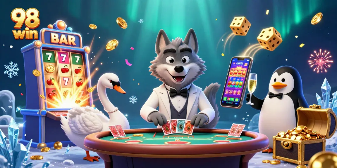 Win big with 98 win at the engaging baccarat table featuring vibrant casino characters.