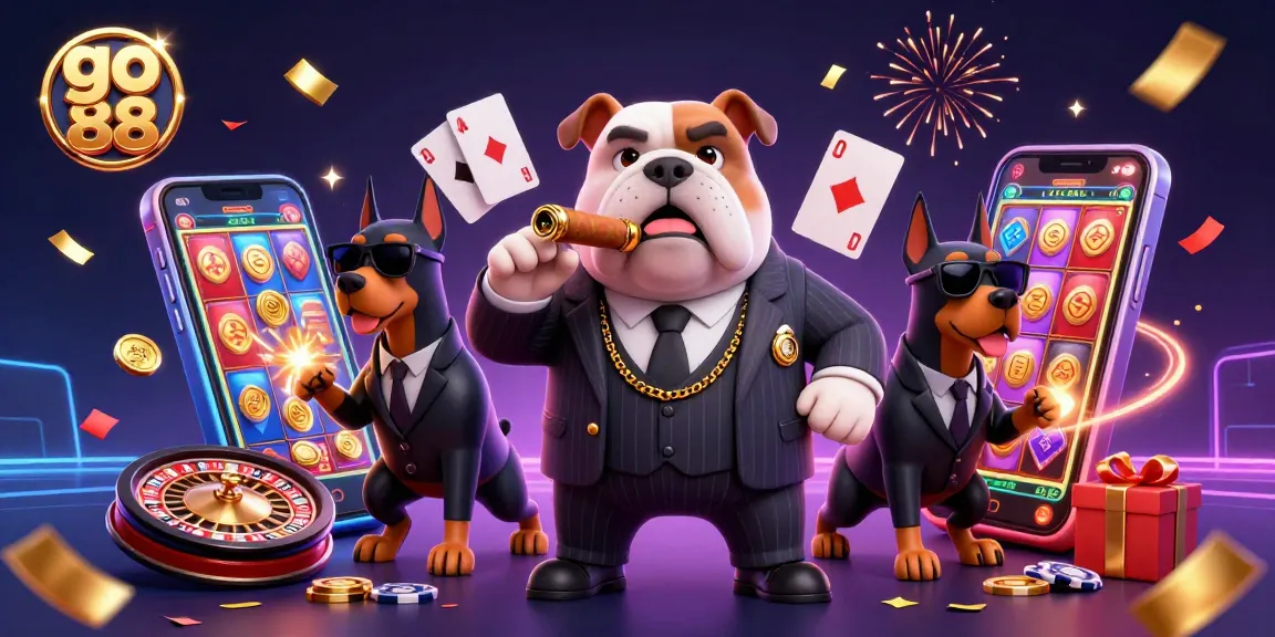 Experience the excitement of go 88 with a vibrant illustration featuring a mafia bulldog and security Dobermans surrounded by casino games.