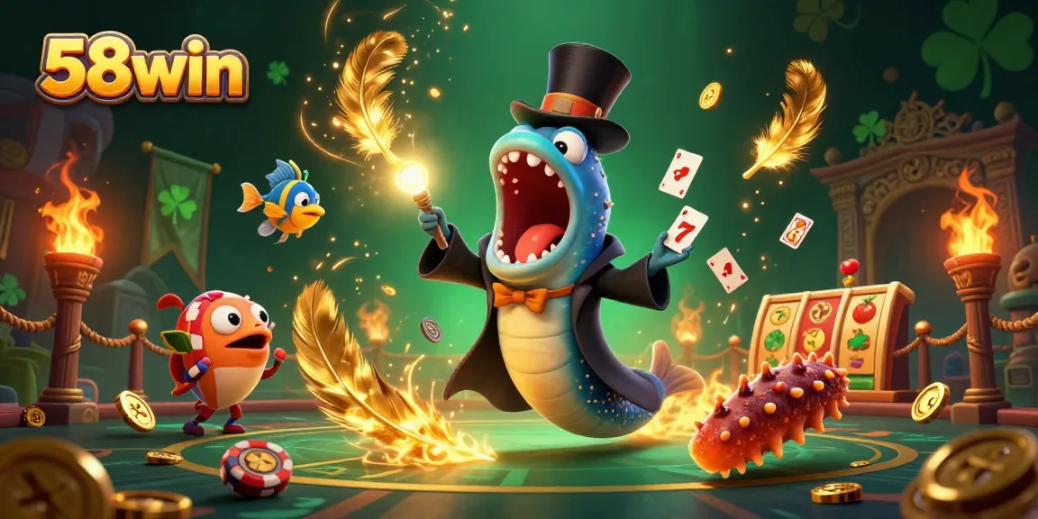 Engage with 58win's thrilling casino magic scene: a deep-sea eel performs card tricks surrounded by jackpot elements.