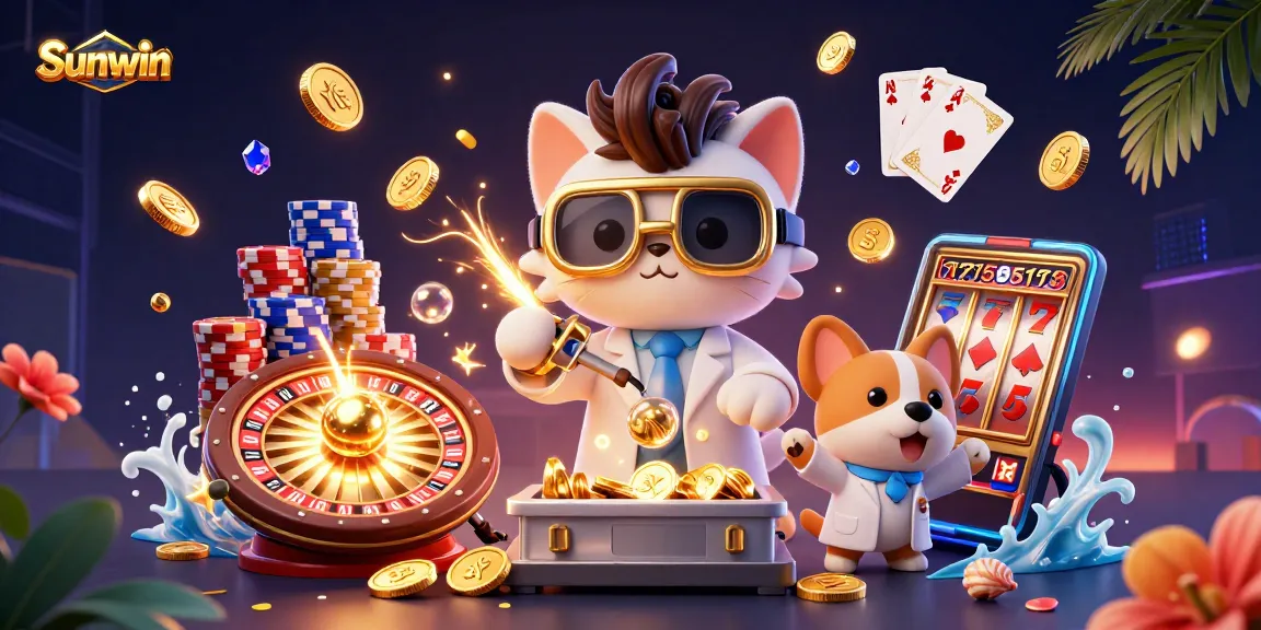 Experience the thrill of Sunwin with cat and dog scientists unraveling jackpot secrets in a vibrant casino world.