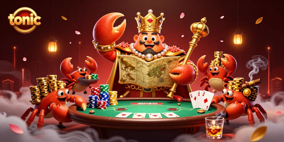 The tonic gaming experience comes alive with a golden crab emperor leading a poker scene filled with vibrant details.
