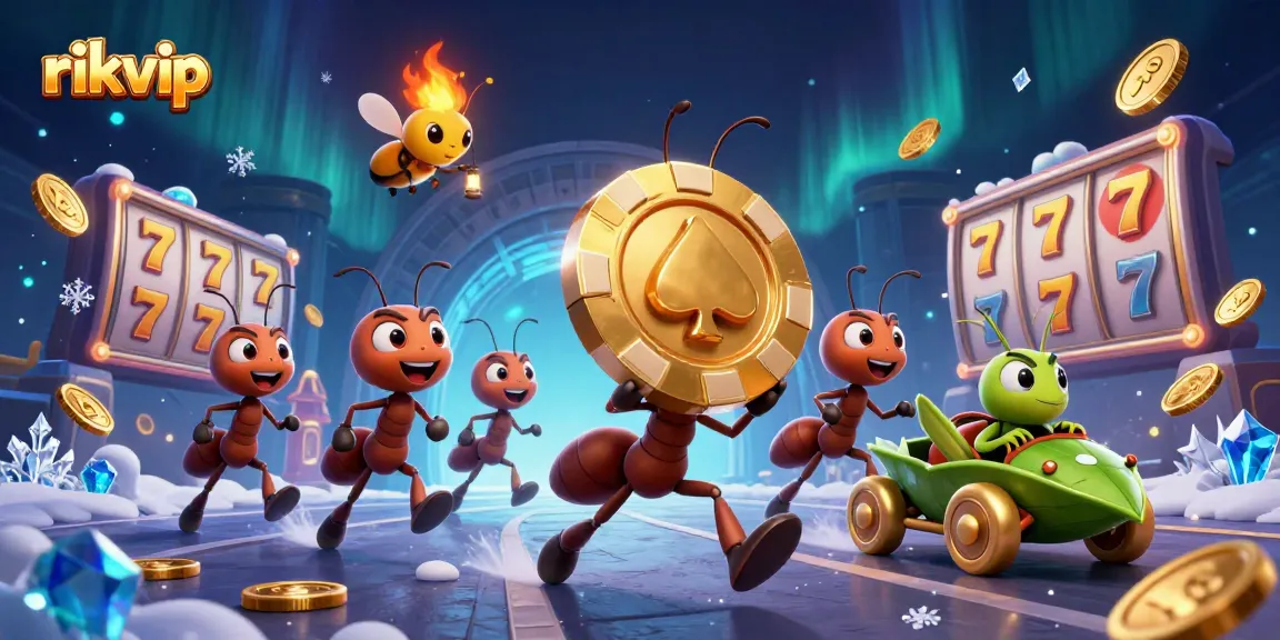 Experience the thrill of rikvip gaming amidst a vibrant heist scene featuring playful cartoon ants and exciting slot elements.
