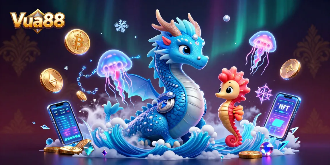 Experience winning with Vua88 through engaging 3D casino gaming visuals featuring dragons and crypto elements.