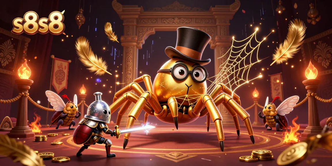 Engage in thrilling action with s8s8's vibrant casino scene featuring a giant tarantula and brave beetle knight.