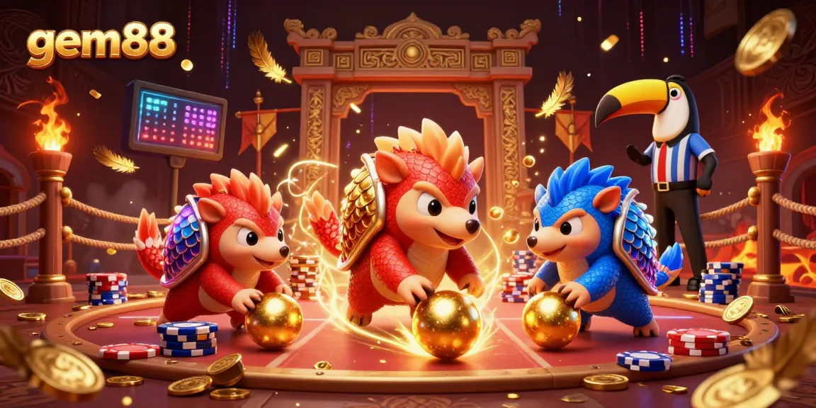 Experience thrilling competition with gem88 as rival pangolins bowl through casino elements amidst golden confetti.
