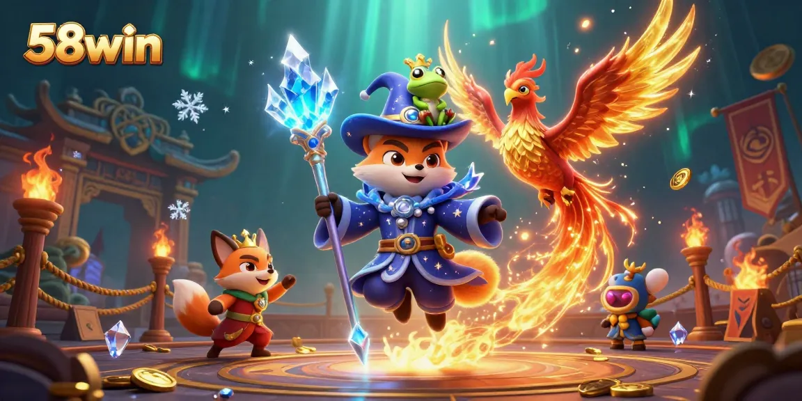 Experience the excitement of 58win with a 3D scene featuring dynamic characters and vibrant casino elements.