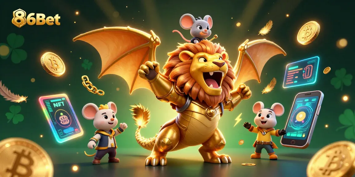 Experience the thrill of 86Bet with a majestic chimera locked in a dramatic 3D digital casino scene.