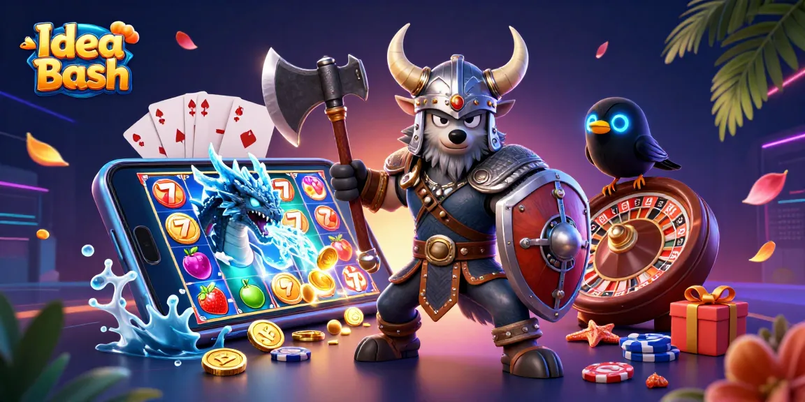 Engage in the excitement of gambling with Idea Bash's vibrant casino illustration featuring slot games and dynamic characters.