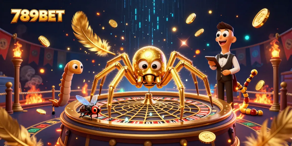 Join the excitement with 789BET as a golden spider spins a roulette wheel in vivid detail.