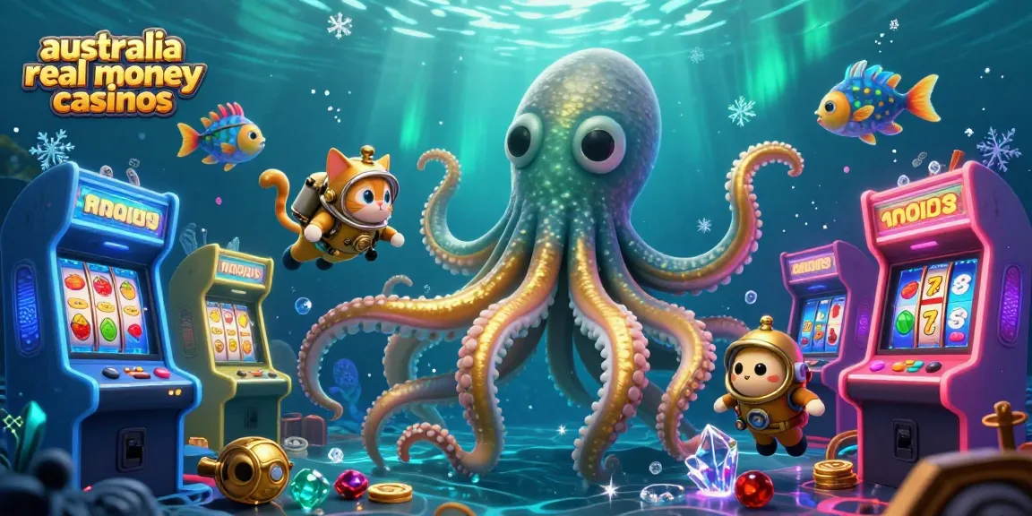 Engage in thrilling action at australia real money casinos with a kraken and diving cat in an exciting underwater scene.