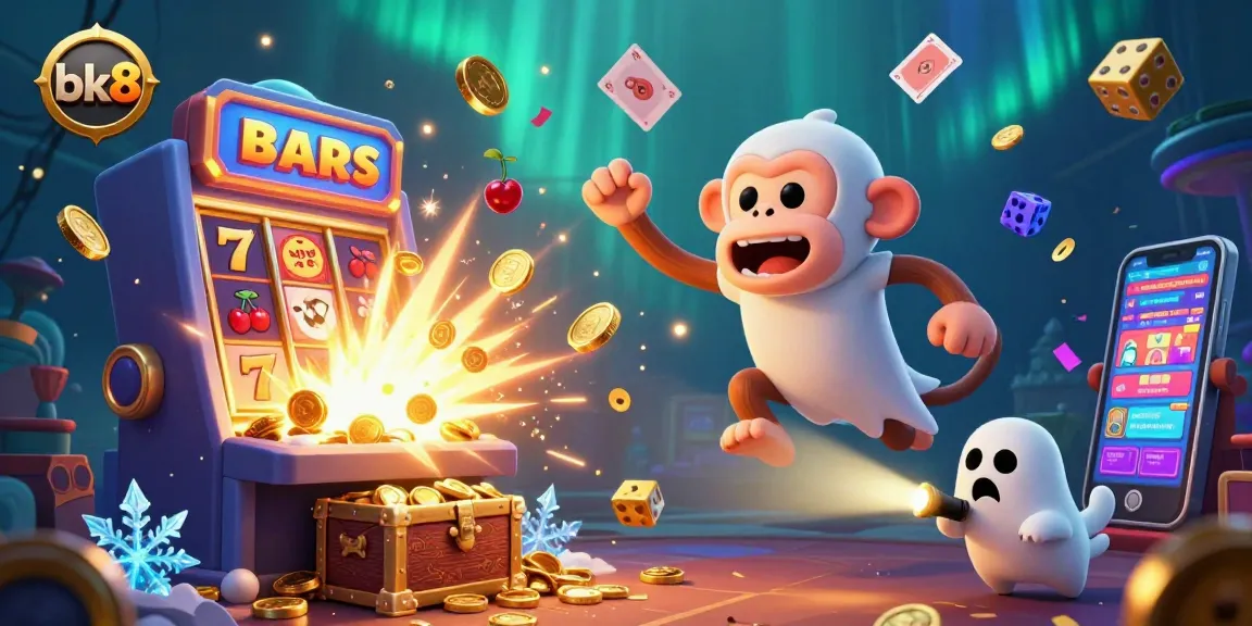 Experience the thrill of bk8 in a vibrant, playful casino scene with a playful monkey and ghost-hunter puppy.
