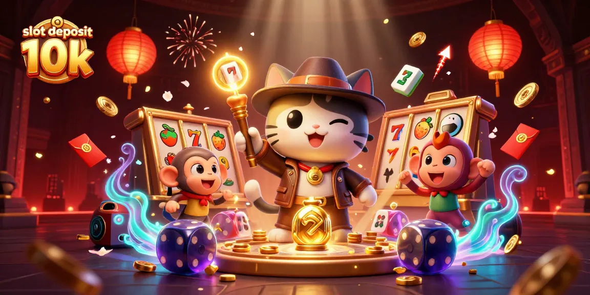 Experience slot deposit 10k excitement with a cat explorer and monkey in a colorful casino scene.